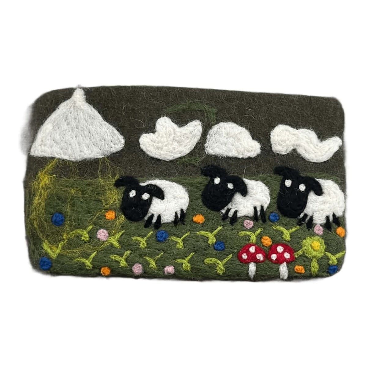 Felt pouch – sheep & clouds (dark green)