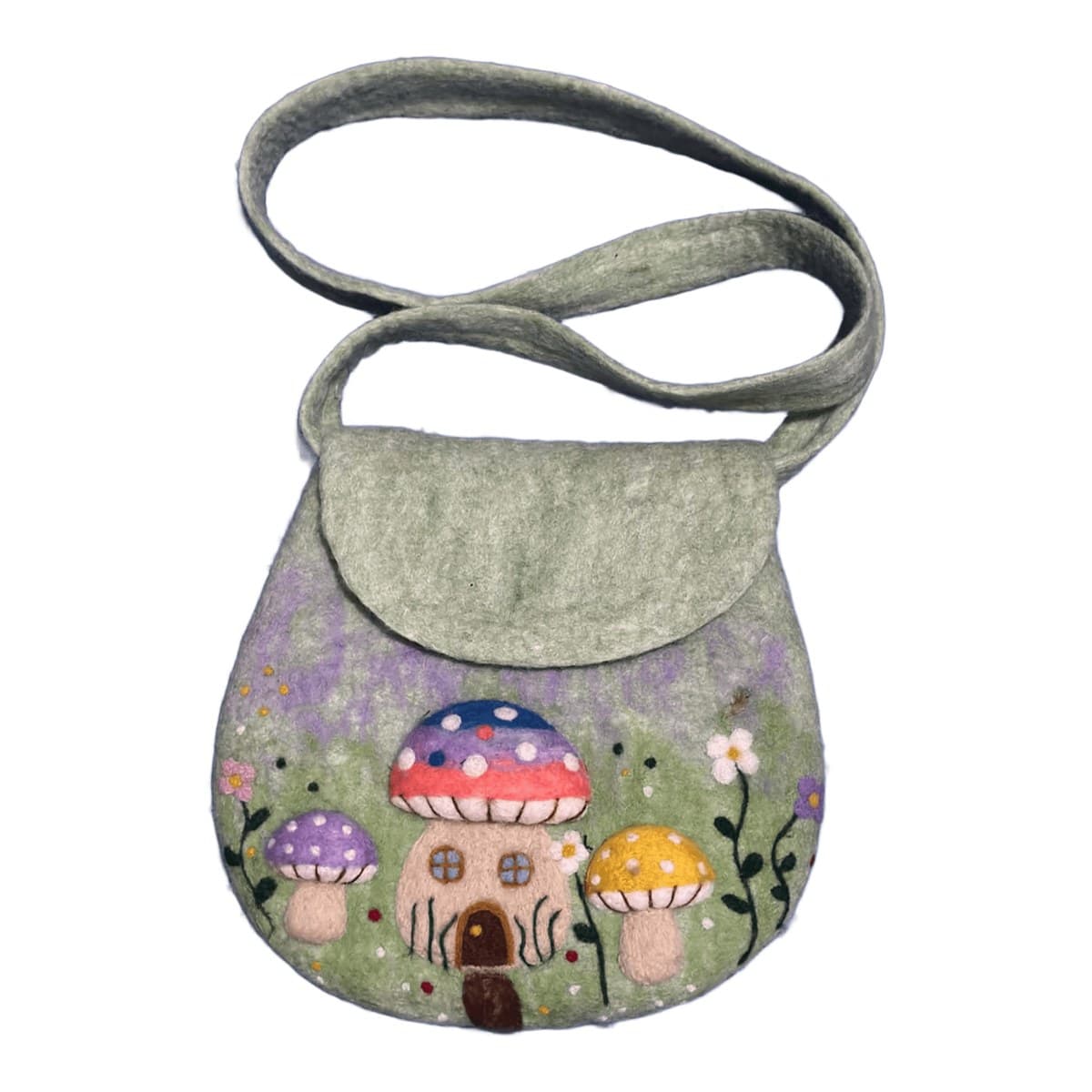Felt shoulder bag – mushroom house (flap)
