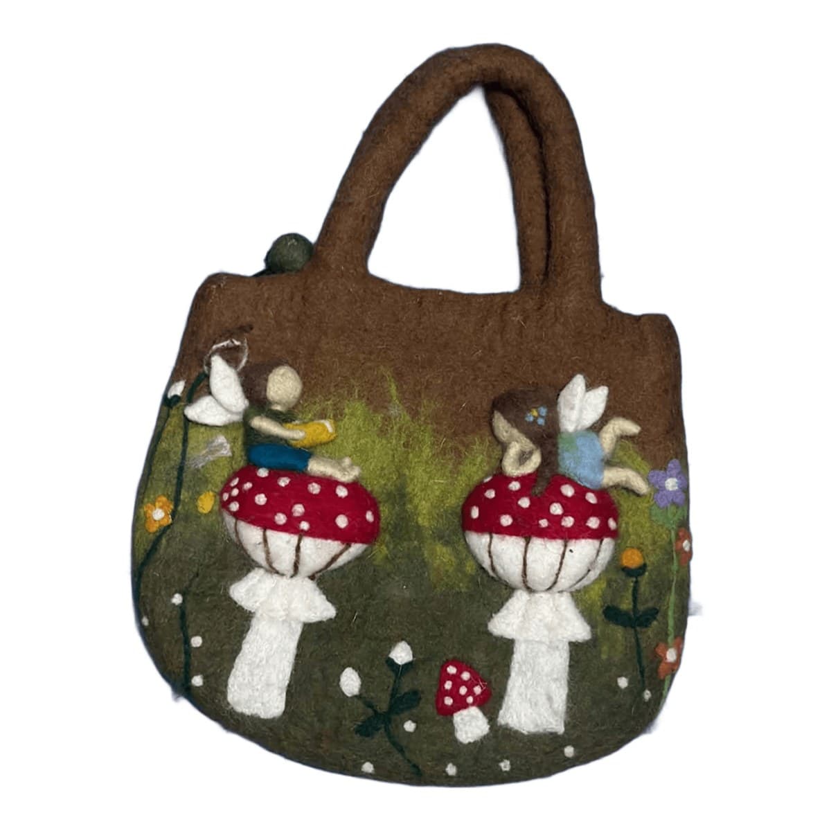 Felt tote bag – fairies & mushrooms (brown)