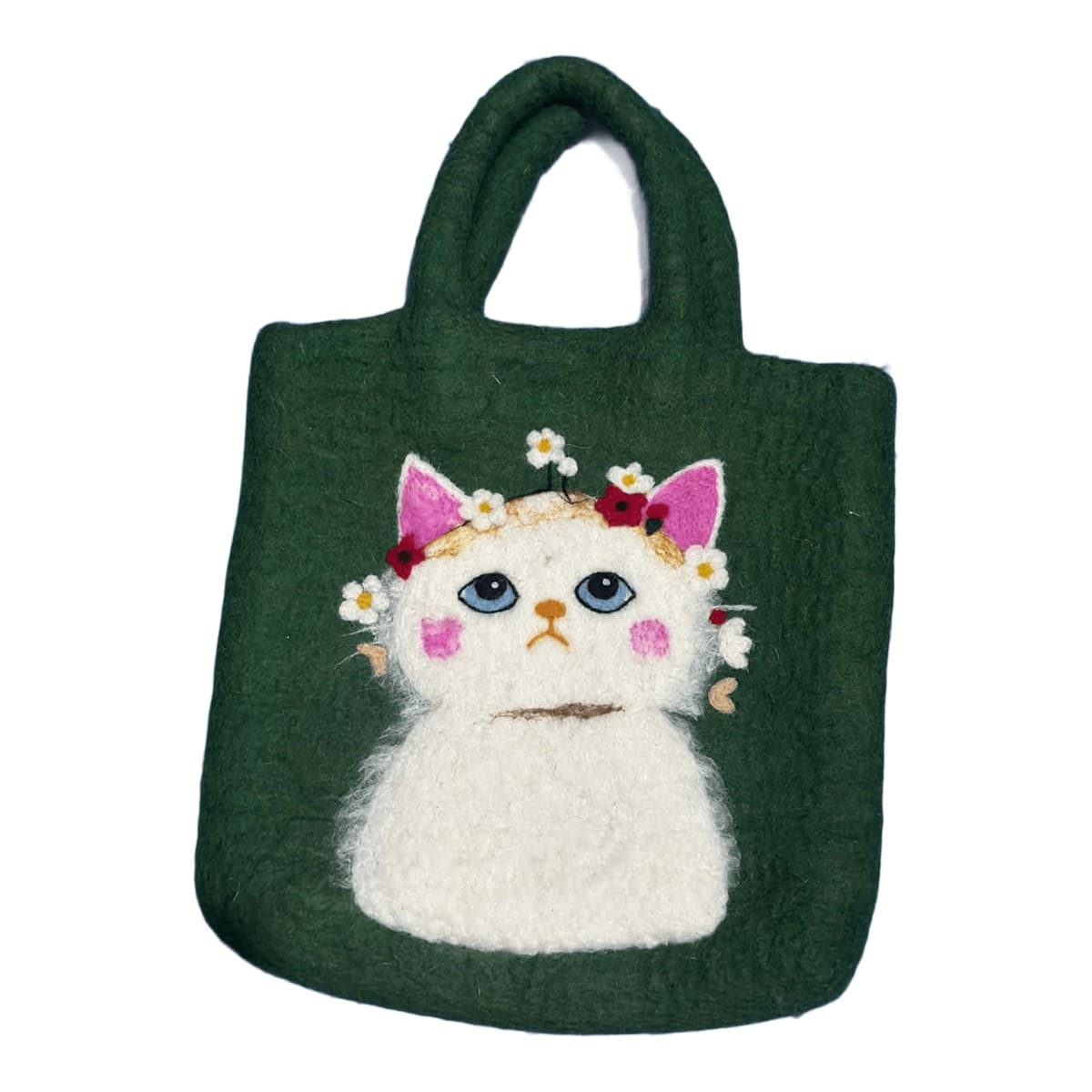 Felt tote bag – white cat with flower crown (green)